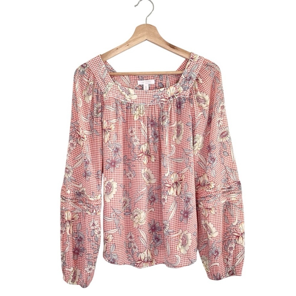 Lauren Conrad Gingham Floral Square Neck Peasant Top Long Sleeve Boho Blouse XS